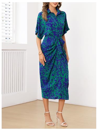 Image of MakeMeChic Women's High Waist Belted Shirt Dress High Split Printed Collar Neck Short Sleeve Midi Dress