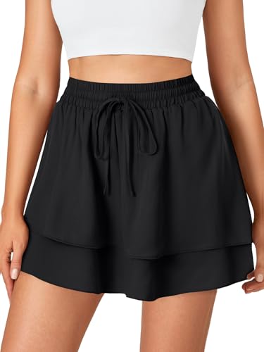 Vrtige Women's Drawstring High Waist Flowy Tiered Layer Skirt