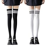 [LIKENNY] ニーハイソックス 靴下 2点セット（黒+白）セクシー ハイソックス 美脚 cosplayや制服用 JK オーバーニーソックス レディーズ コスプレ コスチューム用小物 (A)