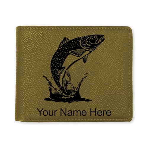 LaserGram Faux Leather Bi-Fold Wallet, Trout Fish, Personalized Engraving Included (Camo Green)