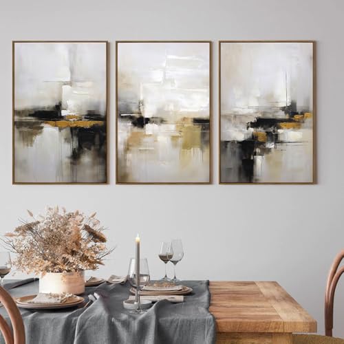 Image of Abstract Neutral Wall Art Black and Brown Grunge Framed Mid Century Modern Wabi Sabi Textured Canvas Painting Artwork for Living Room Bedroom Office- 3 Panels, 16x24 Inch, Ready to Hang