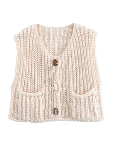 Image of Bozanly Womens Chunky Knit Sweater Vest Cute Button Down Sleeveless Crop Crochet Cardigan Vest 2025