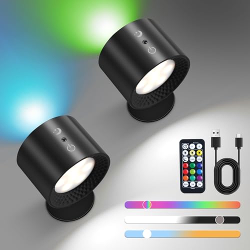 Lista de Lámparas de pared más recomendados. 41 FURRIFIC 2 Pack Negro Lámpara de pared con fuente luz UP&Down, Aplique de Pared Interior, Recargables, Luces LED y RGB, Led Wall Sconce Con Control Táctil y Remoto, 360°...
