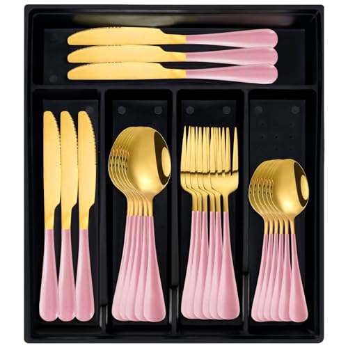 24-Piece Silverware Set with Organizer, Stainless Steel Flatware Cutlery Set with Non-Slip Handle, Mirror Polished Tableware Utensils Set for Home Restaurant (Pink)