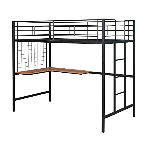 Merax Urban Industrial Metal Loft Bed Wit L-Desk And Metal Grid, Loft Bed With Ladder, Sapce Saving No Box Spring Needed Twin, Black #TOP4