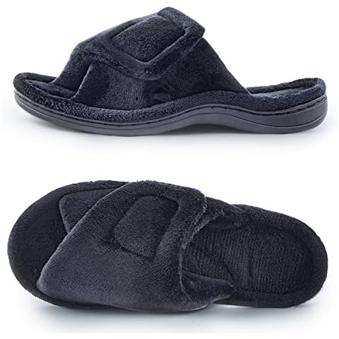 Women Diabetic Open Toe Slippers Athletic Adjustable with Arch Support Memory Foam House Slipper Black 9.5/10.5 Cover
