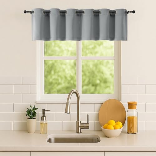 Image of Simplebrand Silver Grey Window Valance for Kitchen 14 Inches Long 2 Panels Set, Room Darkening Valance Curtains for Living Room, Grommet Short Privacy Kitchen Curtains for Bedroom Kids Room, 40Wx14L