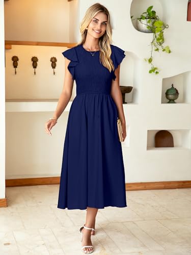 Image of Simplee Womens Striped Midi Summer Dress Linen Smocked Flutter Short Sleeve Dress Flowy Casual Dress with Pockets