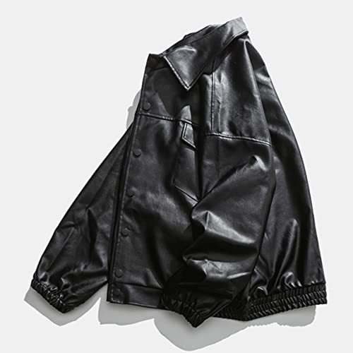 Men's Black Oversized Sheepskin Baseball Leather Jacket High Street Sporty Casual Smooth Turn-Down Collar Baggy Loose Coat2