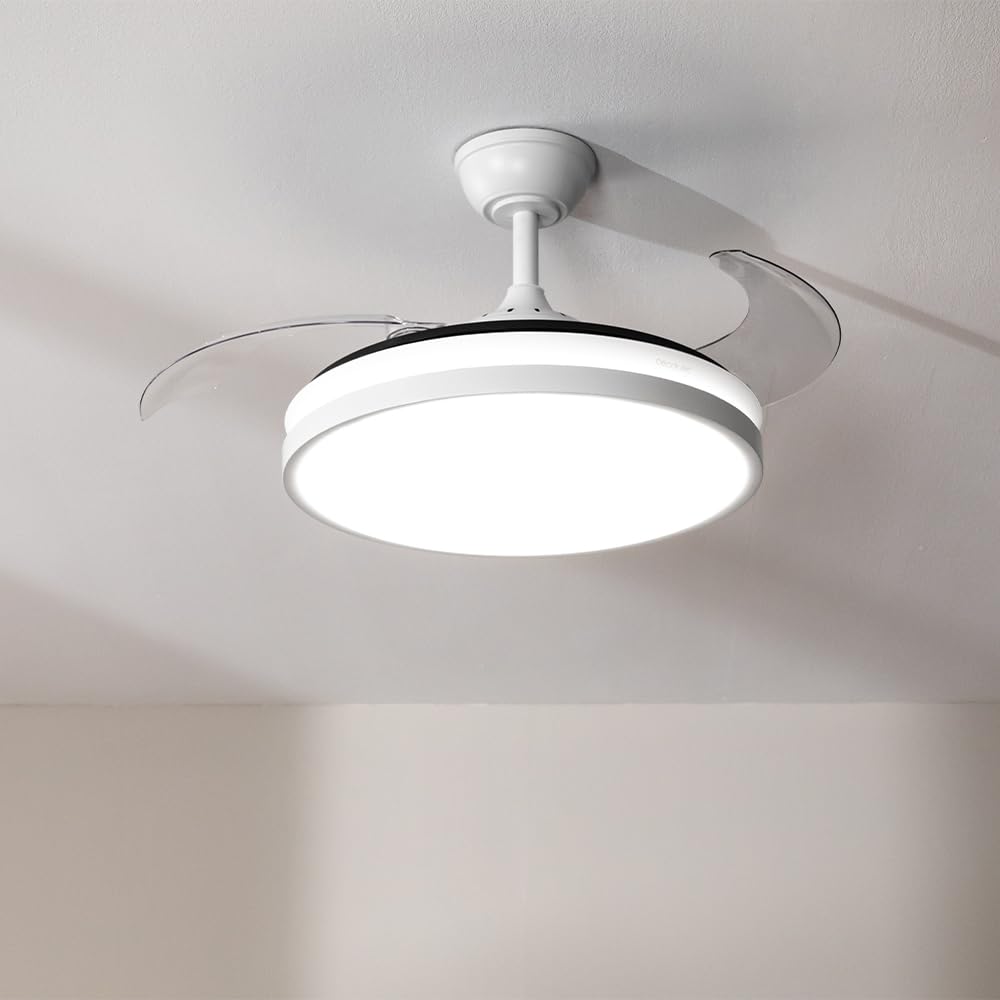Cecotec Ventilateur de Plafond avec Lumière Energysilence Aero 4300 Invisible White. 35W, 6 Vitesses, Pales Rétractables, Télécommande, Minuteur, Lumière LED Intégrée, Intensité Lumineuse Réglable