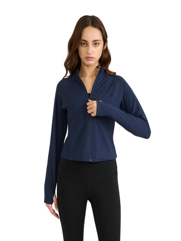hunnit Mandarian Collar Raglan Full Sleeves Activewear Jacket for Women | Front Zipper Workout Jacket with Side Pockets | Relaxed Fit Stretchable Polyester Jackets for Gym, Running & Yoga-picture-56