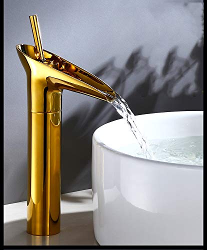 24x7 eMall Gold Waterfall Basin Mixer Hot and Cold Water Golden Colour Faucet Tap El Dorado (Tall Body 12 Inches)