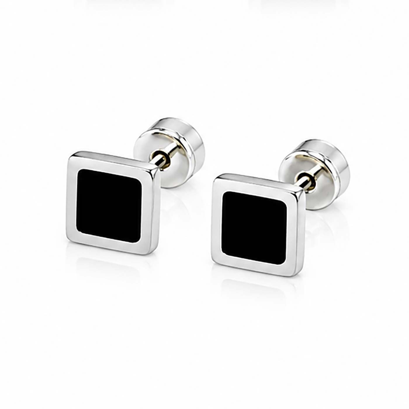 (1 Pair) Unisex Fancy & Stylish Stainless Steel Silver Tone Glossy Elegant Black Square Design Dumbbell/Barbell Stud Ear Piercing Earrings for Men & Women-image-47