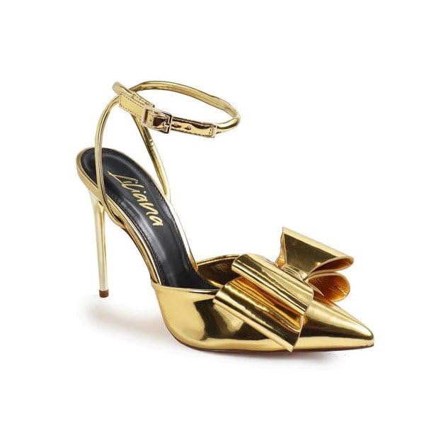 Liliana Vitto-79 Women Metallic Bow Ankle Strap Pointed Toe High Heel Pump