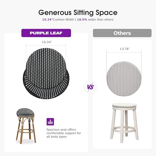 Image of PURPLE LEAF Patio Oversized Backrest Bar Height Stool Set of 1 Outdoor Round Barstools Aluminum Frame in Bamboo Finish Woven Rattan for Indoor Kitchen Dining Bistros Cafe Restaurant Black