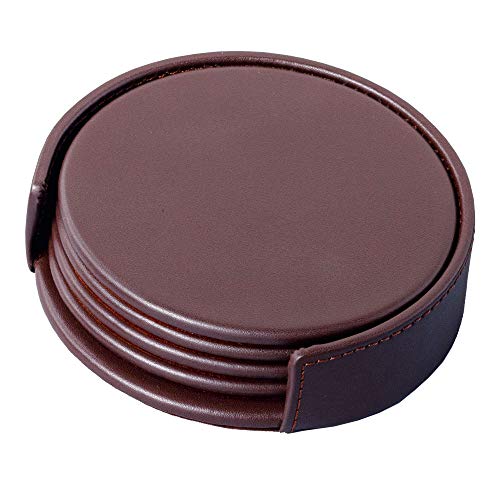 Dacasso Chocolate Brown Leather 4 Round Coaster Set #TOP2