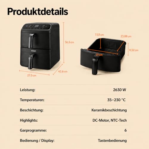 COSORI Airfryer | Turbo Tower Compact | Heißluftfritteuse 2 Kammern Keramikbeschichtung | 8,6L Double Stack mit mehreren Lüfterstufen | 2700W| Schwarz | DC861 3