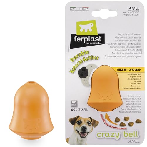 Ferplast Gioco Cane, Dispenser Crocchette Cani o Snack, in Gomma Naturale Durevole da Masticare, Aroma Pollo, Rimbalza, Lancio e Riporto, CRAZY BELL Giochi per Cane Piccolo, Arancio