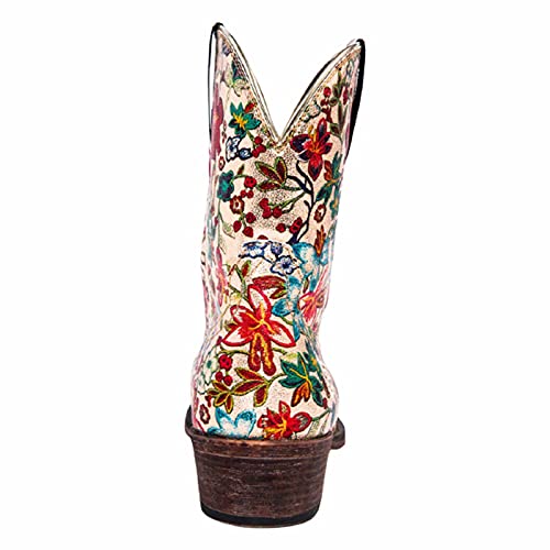 Dames Western Cowboy Laarzen, Vintage Puntige Teen Chunky Hak Enkel Gesp Bloemen Geborduurde Mid-top Boots, Winter… - Image 4