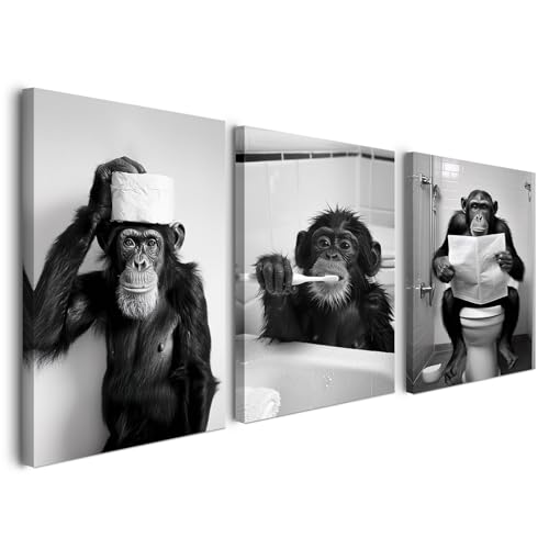 Juego de 3 murales con marco, 30 x 40 cm, divertidos motivos de monos en blanco y negro para salón, dormitorio, cocina, oficina, baño, decoración de pared con marco, incluye ganchos, clavos y mágico