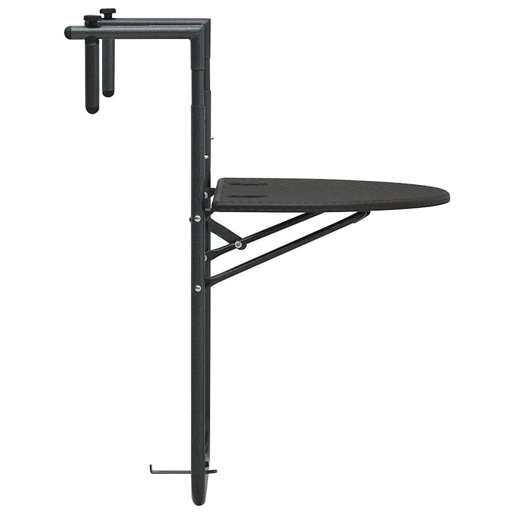 Table suspendue de balcon marron 60 x 64 x 83,5 cm en plastique aspect rotin, table d'appoint pliable avec structure en acier réglable en hauteur pour boissons et outils de jardin