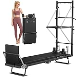 MU Pilates Reformer with Tower, Foldable Reformer Pilates Machine with Dual Resistance for Home Use and Gym Workout, Suitable for Advanced and Beginners Users, Black