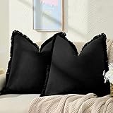 ZWJD Pillow Covers 18x18 Set of 2 Black Throw Pillow Covers with Fringe Chic Cotton Decorative Pillows Square Cushion Covers for Sofa Couch Bed Living Room Farmhouse Boho Decor