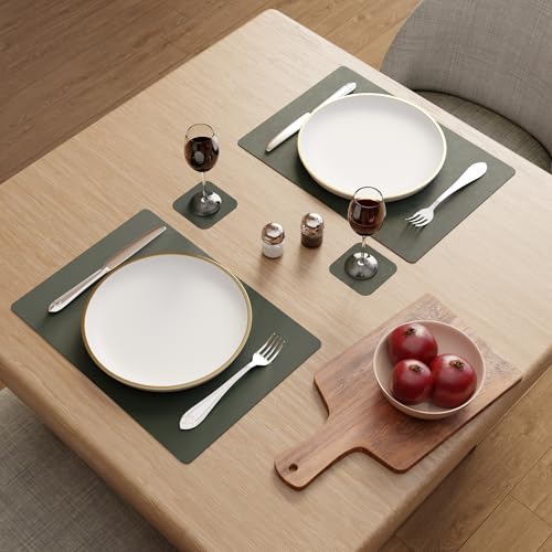 Image of Encasa XO Leather Dining Table Mat Set of 2 + 2 Coasters, 42x30 & 9 cm | Water & Heat Resistant Double-Layer Dining Table Mats with Suede Top | Wipeable & Durable Olive Placemats for Dining Table
