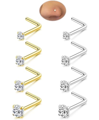 Nose Rings Studs Set for Women Men: 8Pcs 18G 20G 22G Hypoallergenic Gold/Silver 316L Surgical Stainless Steel Nose Studs L Shaped Nose Piercing Jewelry Small CZ 1.5mm 2mm 2.5mm 3mm for Nose Earring