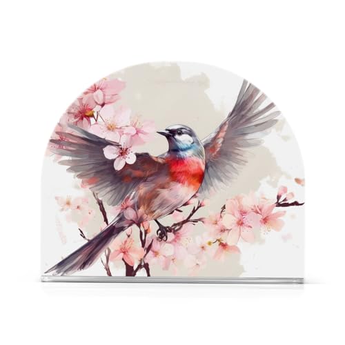 Acrylic Napkin Holder Pink Flowers and Bird Modern Decorative Dinner Paper Holder for Table, Kitchen, Office, Restaurant