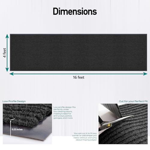 Image of Oversized Rubber Door Mat - Heavy Duty, Waterproof, Low-Profile, Easy to Clean, Commercial Floor Mat (4 x 16 Feet, Black, MXM-RIB0316BK)