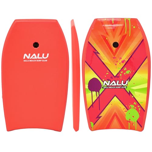 Nalu Bodyboard with Leash 33"/41" Body Board with Crescent Tail and XPE Core (Red, 33")