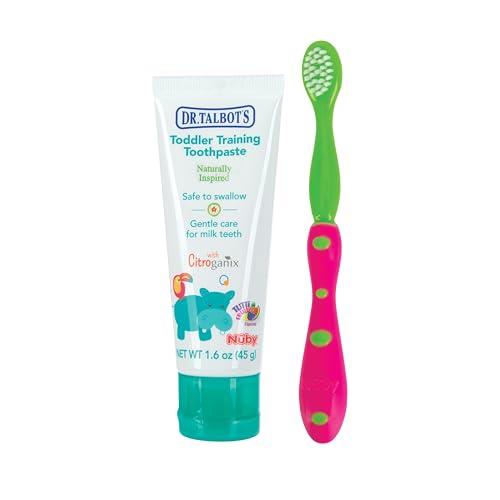 Image of Nuby All Natural Toddler Toothpaste with Citroganix with Toothbrush (Pink/Green)