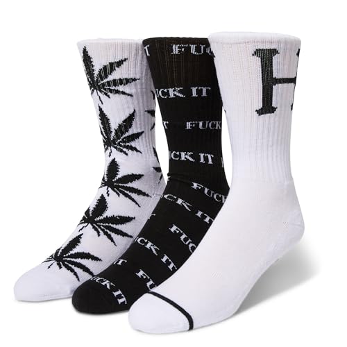 HUF Sock Variety 3-Pack – Men’s Crew Socks with Jacquard Knit Plantlife™ Design, Comfortable Cotton Blend, One Size Fits Most