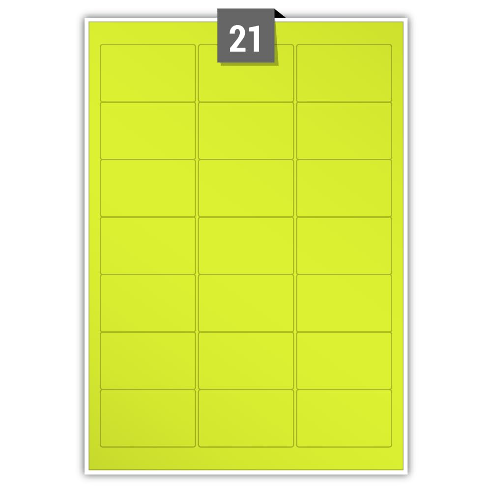 Fluorescent Permanent Adhesive Dry Edge Yellow Paper Labels 21 Rectangle Printable Labels per A4 Plain Sheet – Label Paper Size 63.50 mm x 38.10 mm Ideal for Office, Packaging, Shipping
