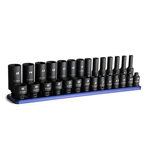 Capri Tools 1/4 In. Drive Shallow And Deep Impact Socket Set, 4 To 15 Mm, Metric, 28-Piece With Billet Aluminum Socket Rail #TOP9