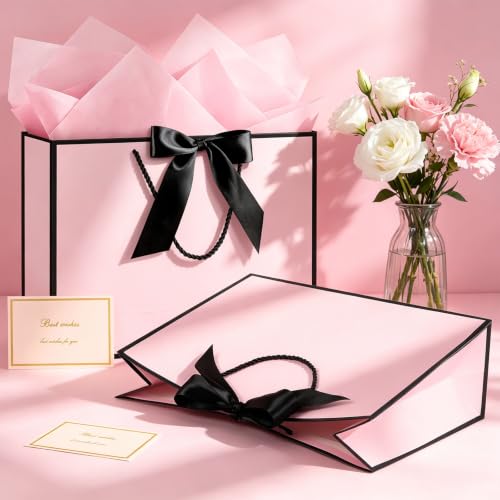 Image of JMANNI Gift Bags with Handles, 13 inch Medium Gift Bag for Presents, 4 Pcs Bags with 8 Tissue Paper and 4 Cards for Graduation Baby Shower Wedding Fathers Day Mother's Day Birthday Party(pink-black)