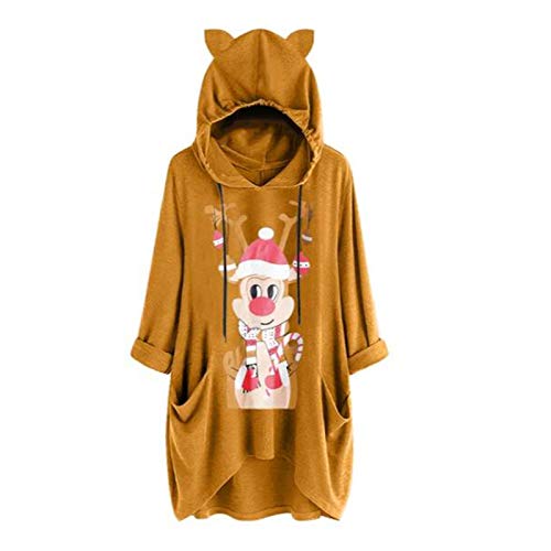 Weihnachten Damen Hoodie Kleid Pullover Langarm Kitzohren Sweatshirts Kapuzenpullover Tops Herbst Lange Ärmel Einfarbig Mantel Jacke