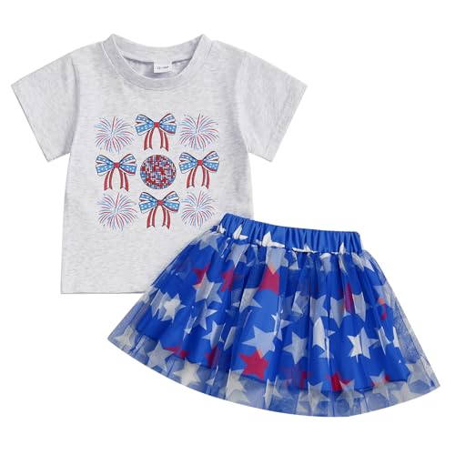 Image of Kayotuas Toddler Baby Girl 4th of July Outfit American Flag Shirt Red Blue Stars Tulle Tutu Skirts Kids Fourth of July Dress