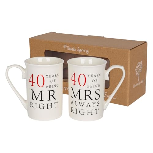 Nicola Spring 40th Anniversary Coffee Mug Set - 300ml Set of 2 New Bone China Coffee Teacup Drinking Mugs for Wedding Milestone Celebration His & Hers Mr Right Mrs Always Right Couples Gift Box