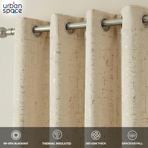 Image of Urban Space 80-85% True Blackout Curtains for Door, Gold Foil Printed Blackout Curtains, Blackout Decorative Door Curtain Eyelet with Tieback, 1 Piece Curtain for Living Room(Sparkle Beige, 8 Feet)