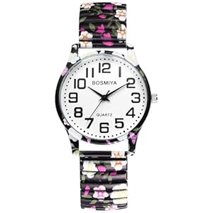 OIDEA Stretch Band Watches for Women: Bohemia Flower Easy Reader Elastic Band Watch Large Face Big Number Analog Quartz Bracelet Watch Expansion Band Wristwatch