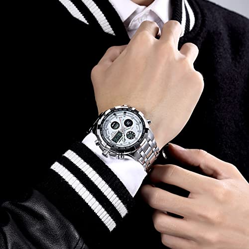 GOLDEN HOUR Luxury Stainless Steel Analog Digital Watches for Men Male Outdoor Sport Waterproof Big Heavy Wristwatch