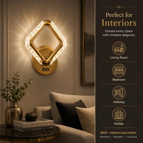 Image of Rosegold LED Wall Light for Home Decor | 3 Color Changing Crystal Wall Lamp (Warm White, Neutral White, Cool White) | Modern Gold Finish Decorative Wall Sconce for Living Room,