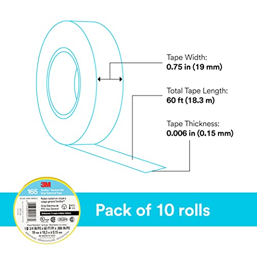 Image of 3M Temflex Vinyl Electrical Tape 165, 3 /4 in x 60 ft, Yellow, 10 Roll Pack