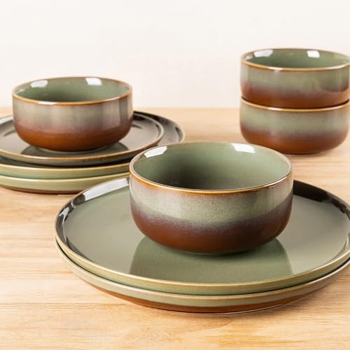 Image of TheTerra Ceramic Dinnerware Sets for 4, 12 Pieces Handmade Reactive Glaze Plates and Bowls Set, Scratch Resistant Dish Set, Oven & Microwave & Dishwasher Safe, Sage Umber | Handmade Reactive Glaze, Scratch Resistant, Oven & Microwave & Dishwasher Safe, Plates and Bowls Set