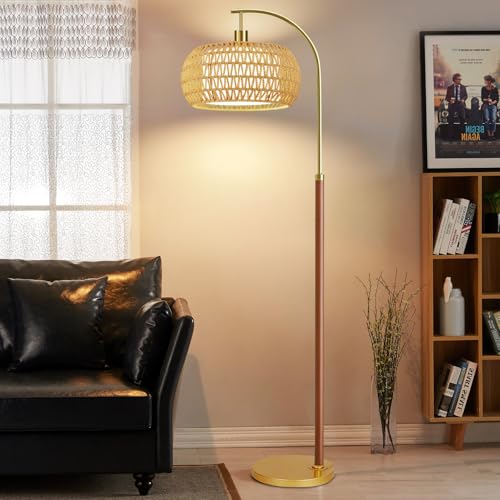 Image of Wood Arc Floor Lamps for Living Room,Boho Rattan Floor Lamp with Remote Control & 3 Color Temperatures,Dimmable Mid Century Modern Standing Lamp Farmhouse Vintage Tall Floor Lamp For Bedroom Corner