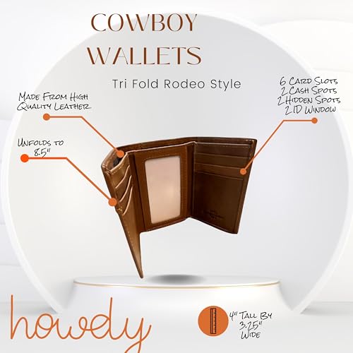 Western Trifold Leather Wallet for Men – Basket Weave Tooled with Cowhair Inlay – Cowboy Praying at Cross, Horse, and Bull Rider Conchos3