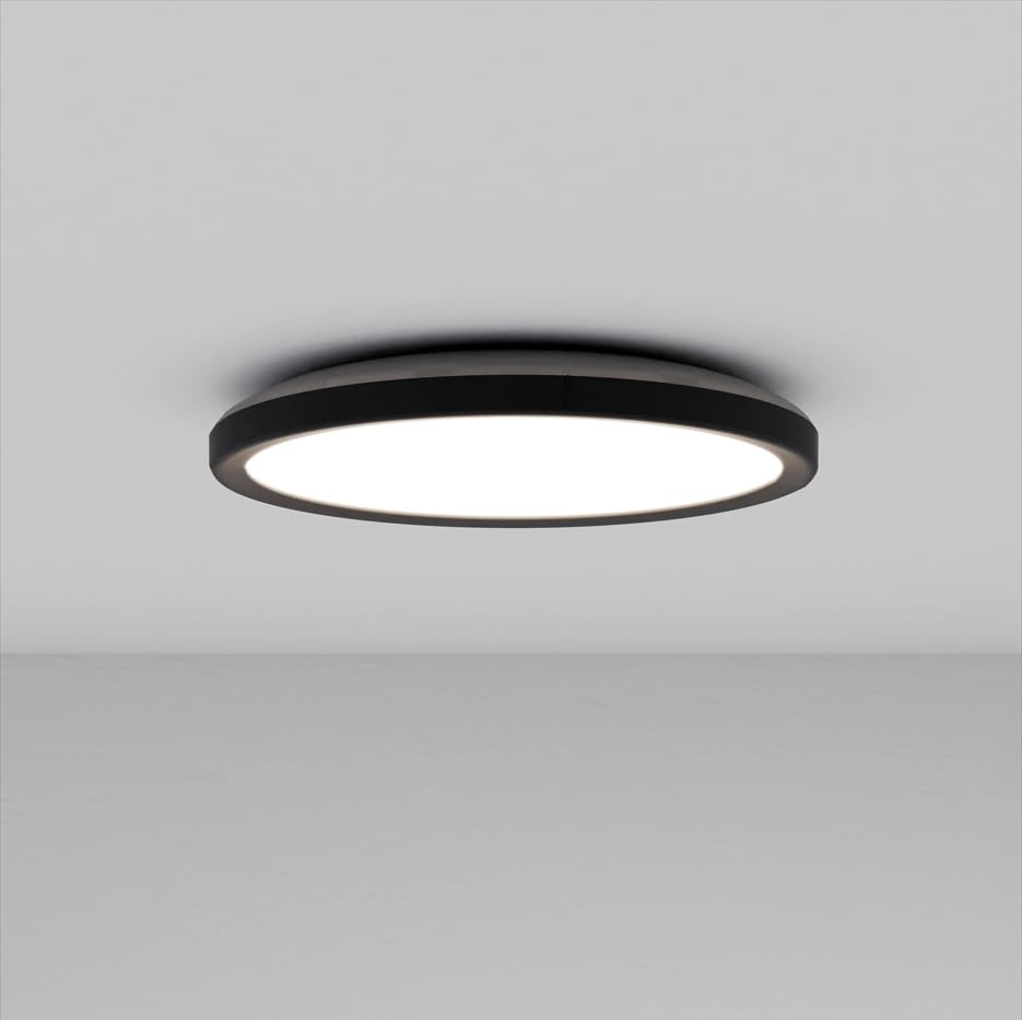 Pebble Grey Gianna Slim Round Ceiling Light 225 x 225 x 30mm Black - Flush Mount Bathroom Lighting, Kitchen Lighting, Bedroom Lights Ceiling, IP54, TrueHue, Opal Lens, Trio CCT LED Design