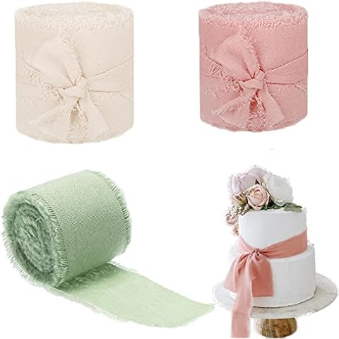 3 Rolls Sage Ribbon Boho Handmade Fringe Chiffon Ribbon 1.5 Inch x 5.4Yards(Green, Pink, Ivory Color)Gift Wrap Ribbon for Wedding Gift Bridal Bouquets Wrapping DIY Art Craft Florist Supplies Cover
